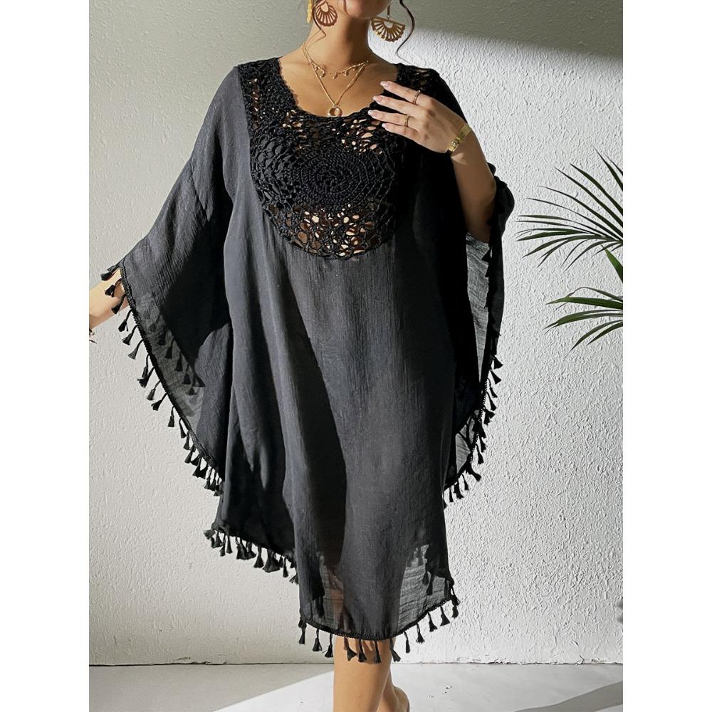 New Beach Cover Shirt with Hook and Flower Splicing Tassel Bikini, Paired with Beach Dress