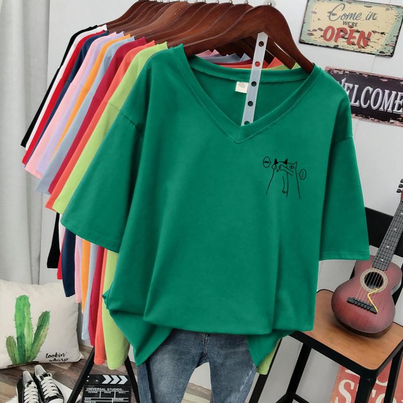 Short-sleeved T-shirt, Loose-fitting, Slimming Printed V-neck Top for Women