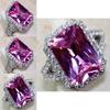 Elegant Pink Sapphire White Topaz Silver Plated Ring With Square Red Corundum