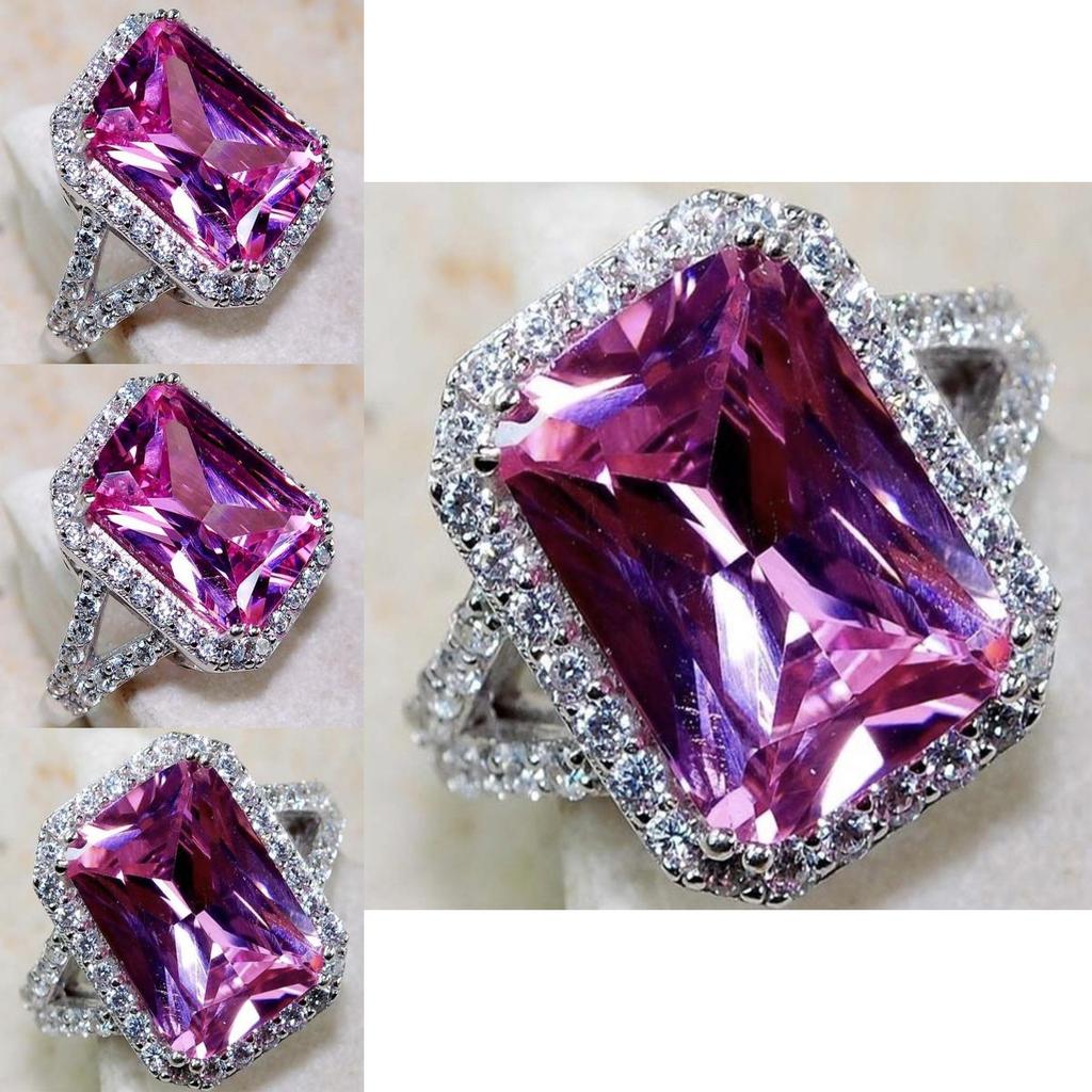 Elegant Pink Sapphire White Topaz Silver Plated Ring With Square Red Corundum