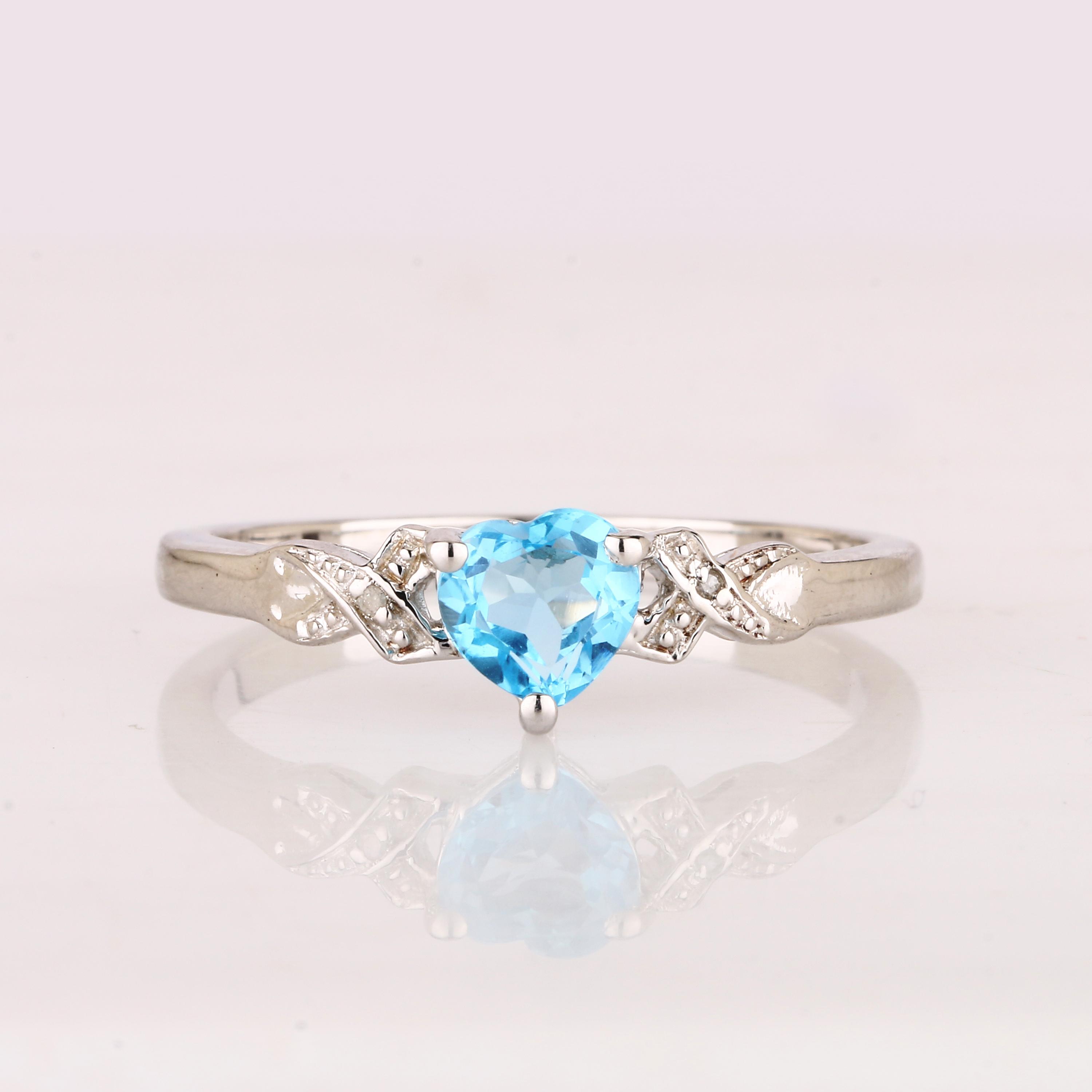 

925 Sterling Silver Swiss Blue Topaz Heart Ring Diamond Accent Rhodium Plated Women Jewelry Size 8.75 8.75 синій