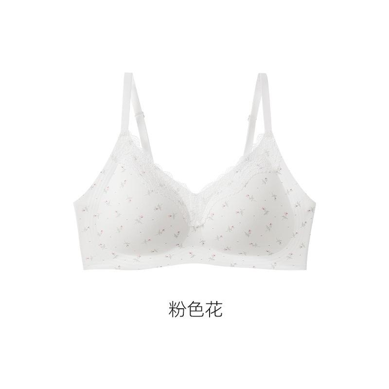 Sweet and Pure Girl Print Lace Edge Pure Cotton Underwear Women's No Steel Ring Anti-sagging Small Chest Gathering Thin Bra