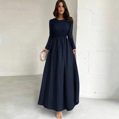 Women Spring Fall Crew Neck Long Sleeve Solid Color Full Length A Line Dress with Pocket