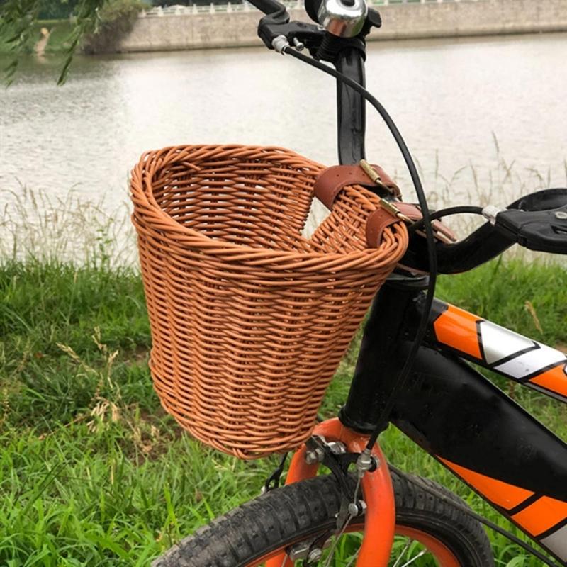 Dětský Ručně Tkaný Cyklistický Koš na Řídítka Kolo Nákladní Koš Pro Dívku s Koženými Pásky, Odnímatelný