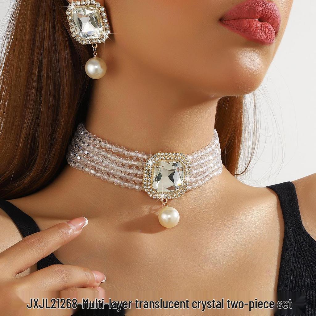 Luxusní vícevrstvý geometrický křišťálový choker a sada barevných náušnic
