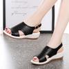 In Summer, the New Hollow Leather Beef Tendon Sole Fish Mouth Sandals Thick-soled Wedge Heel Mother Leather Sandals