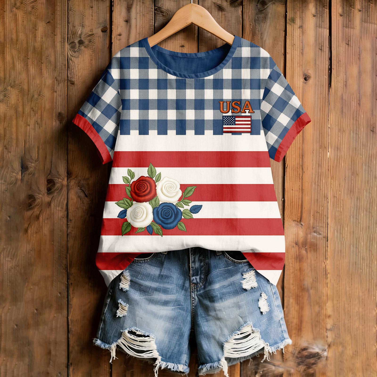 Women s American Floral Patchwork Print Casual T-Shirt 250Th Anniversary USA Shirt Patriotic Tshirt S