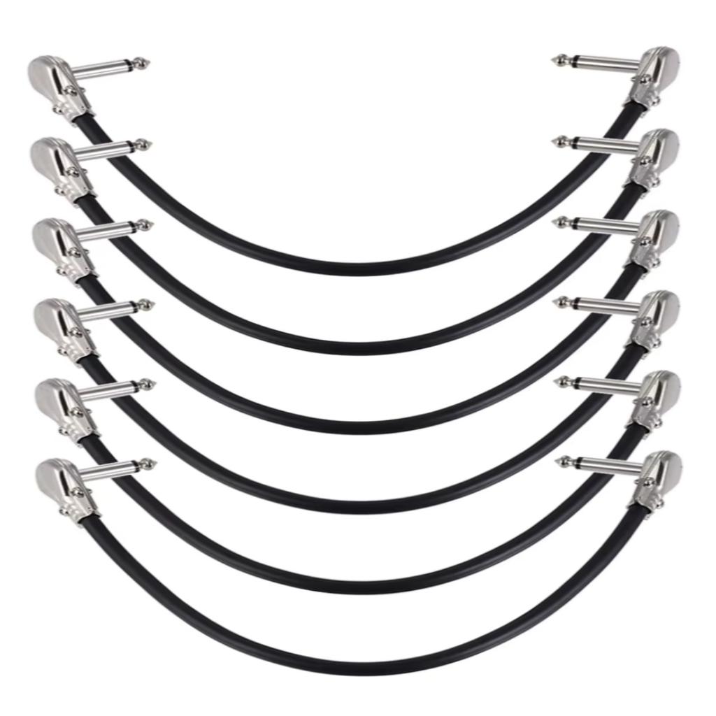15cm/ 6in 30cm Guitar Effect Pedal Instrument Patch Cable 1/4" Silver Right-angle Plug Black PVC Jacket, 6-Pack