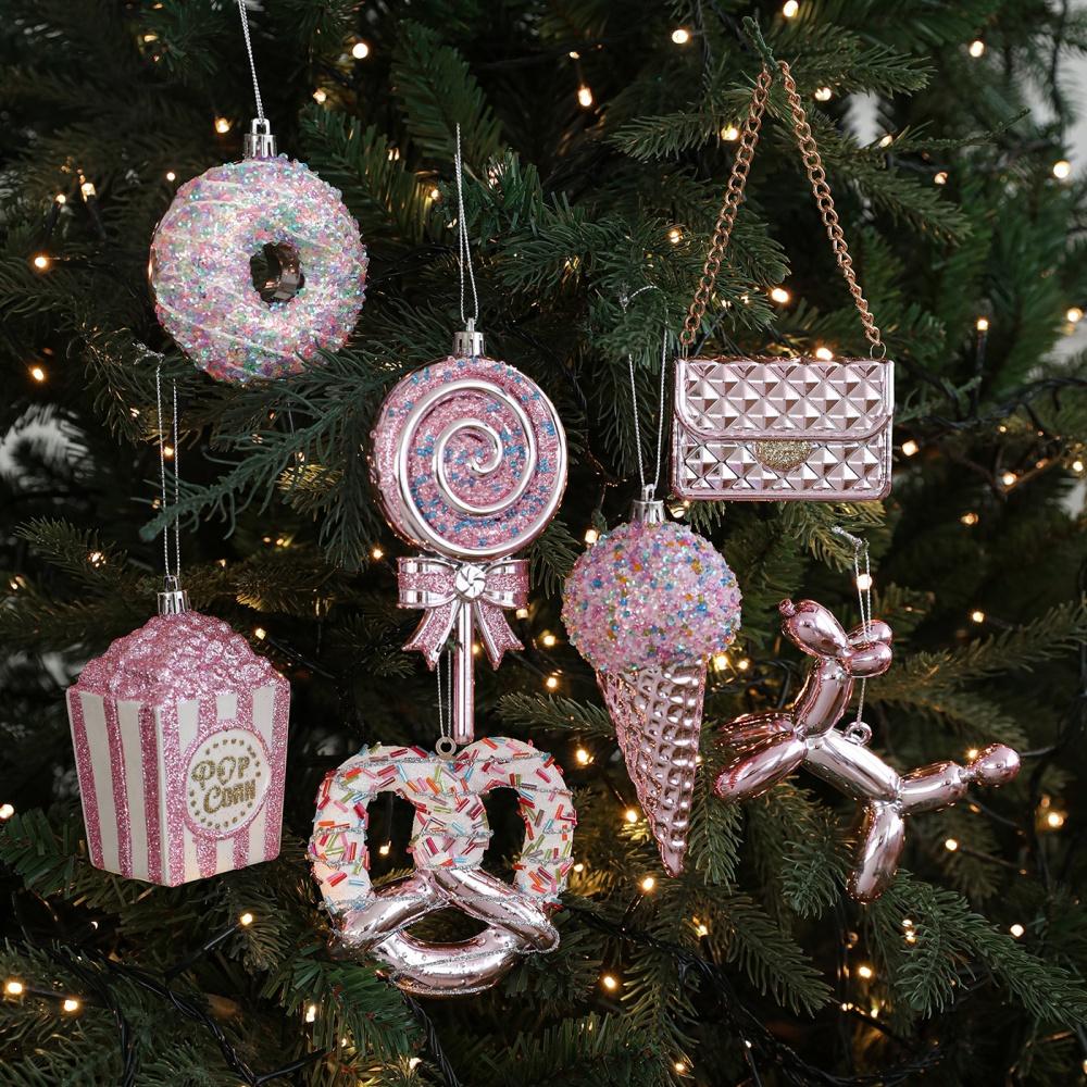 2pcs Shatterproof Pink Christmas Tree Ornaments set with Hanging Loops for Xmas Holiday Party Decorations Plastic Donuts Pendant