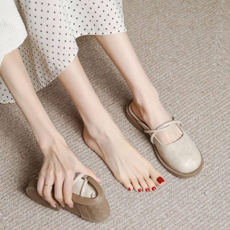 Retro summer half slippers children spring and summer outer wear heelless small leather shoes versatile lazy sandals half support single shoes