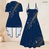 Women Plus Size Printed Two Piece Set Short Sleeve Draped Cardigan V Neck Strappy Flared Dress Navy Blue