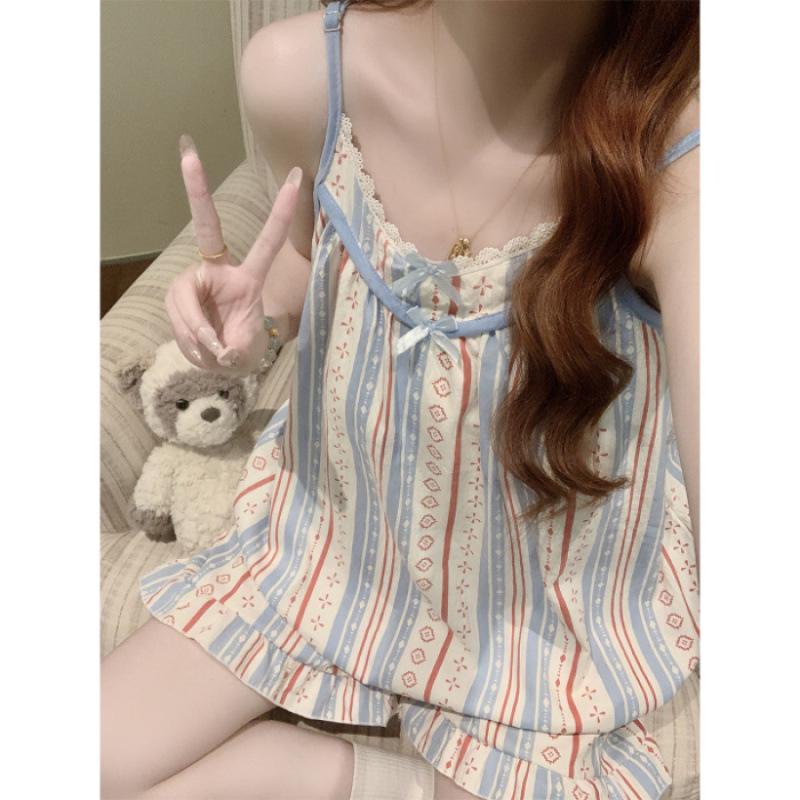 Korean Style Petite Women's Pajama Set with Chest Pads and Sweet Bow Summer Camisole, Suitable for Outdoor Wear