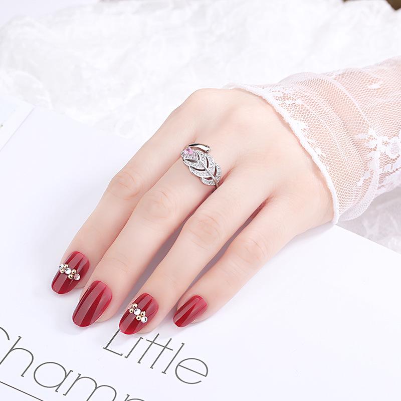 Artistic Leaf Feather Ring with Zircon Inlay - Japanese & Korean Style