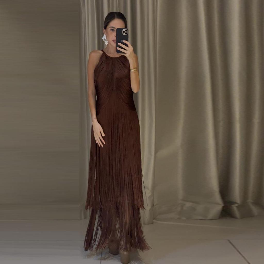 Women's Tassel Sleeveless Waist-Cinching Bandage Evening Gown
