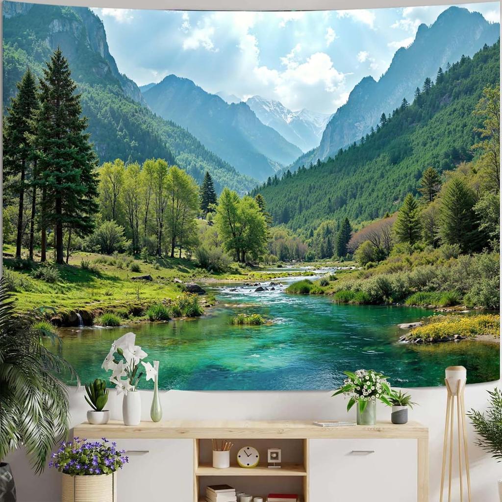 Nature Mountain Forest Tapestry Sage Green Tree Stream Wall Tapestry for Bedroom Aesthetic Lush Woodland Landscape Small
