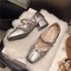 French square head ballet single shoes small leather shoes 2025 new bow light mouth retro thick heel Mary Jane shoes women