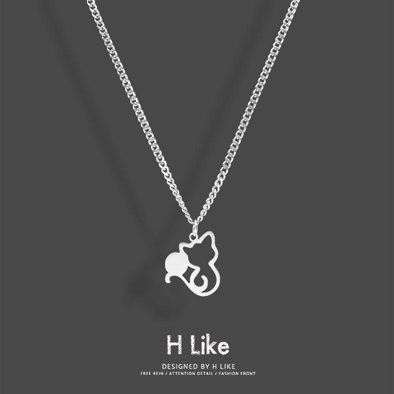 

Silver Hollow Kitten Necklace Pendant Titanium Steel Personality Chain Snake Bone Short Chain Men and Women Elegant Indifference Trend O chain 55cm titanium steel Cut Out kitten ball
