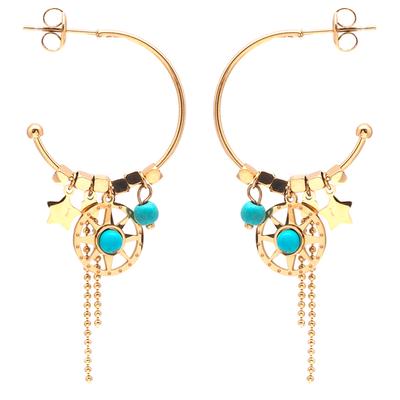 [Q5051] - Steel Designer Hoop Earrings 'Une Etoile Est Née' Turquoise Gold - 25 Mm - 30 Mm