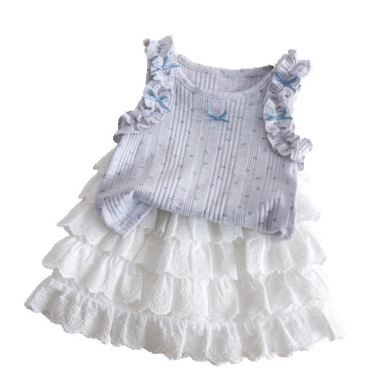 Girls Summer Mori Sweet Princess Floral Lace Embroidered Vest With Pleated Mini Skirt Two Piece Outfit Set