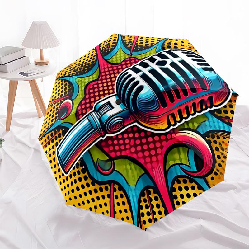 1pc Retro Microphone Automatic Open/Close Umbrella - Portable Collapsible Umbrella with 8-Rib Stability, Fashion Lovers Yy251017150