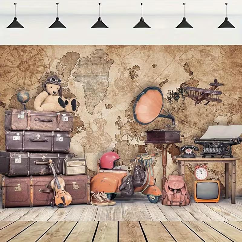 

2D Flat Nostalgic Banner, Antique Suitcases and Gramophone for Vlogs and YouTube Videos 47.2x31.5inch/120*80cm