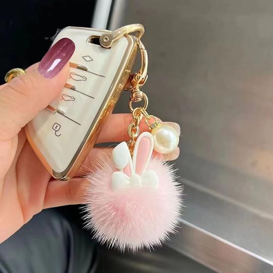 Keychain Rabbit Ear Soft Plush Ball Charm Key Chain Car Keys Bags Backpacks Kids Travel Accessories Stress Relief Gift