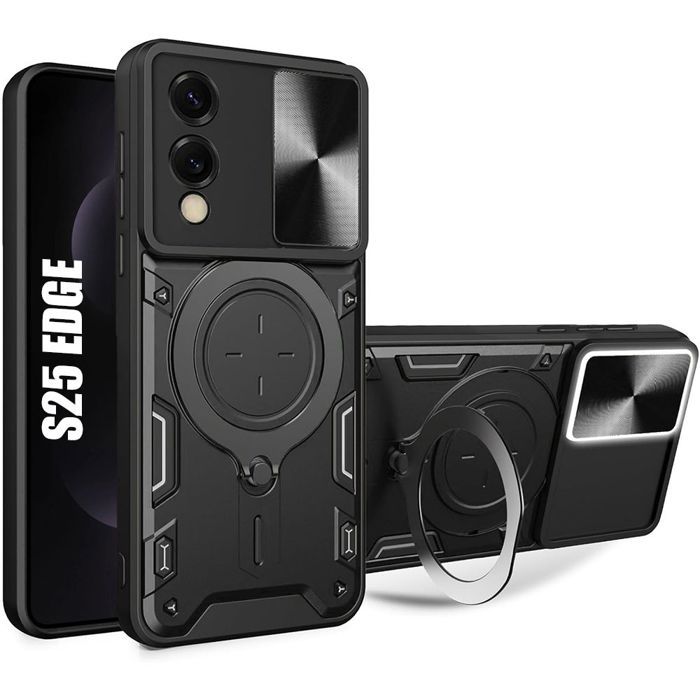 Protective Case - BOOLING - for Samsung Galaxy S25 Edge - Black - Shockproof - Sliding Camera Protection with Stand