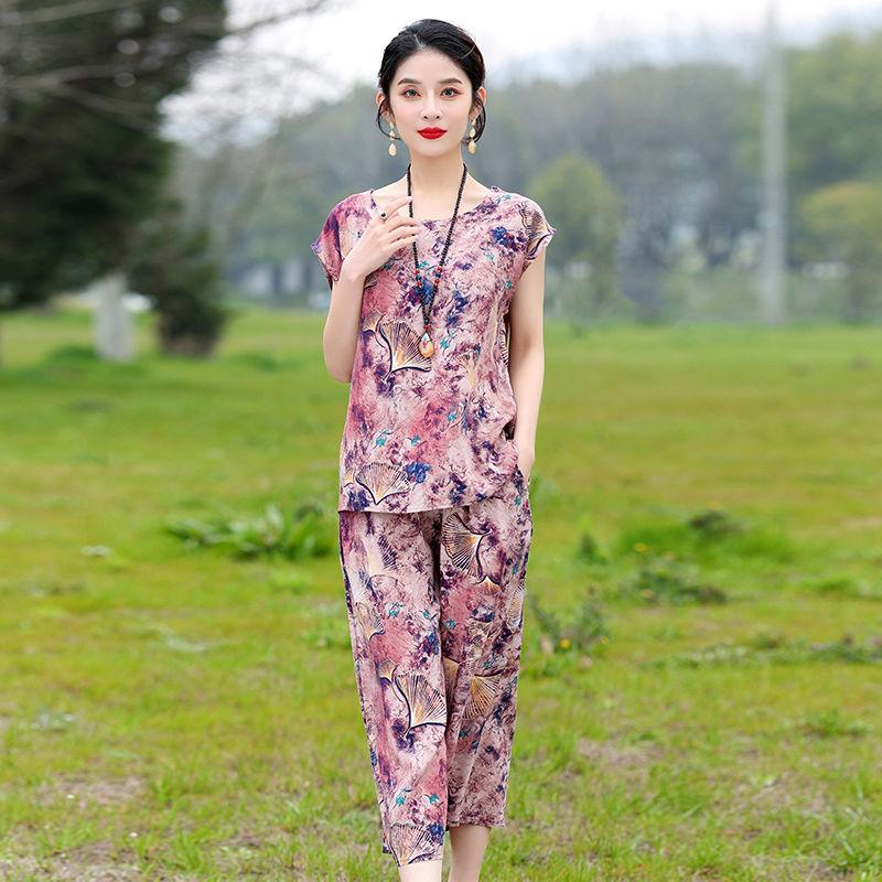 Cotton Silk Two Piece Set Womens Summer Outfit Loose Short Sleeve T-shirt and Pants Casual Trendy Plus Size