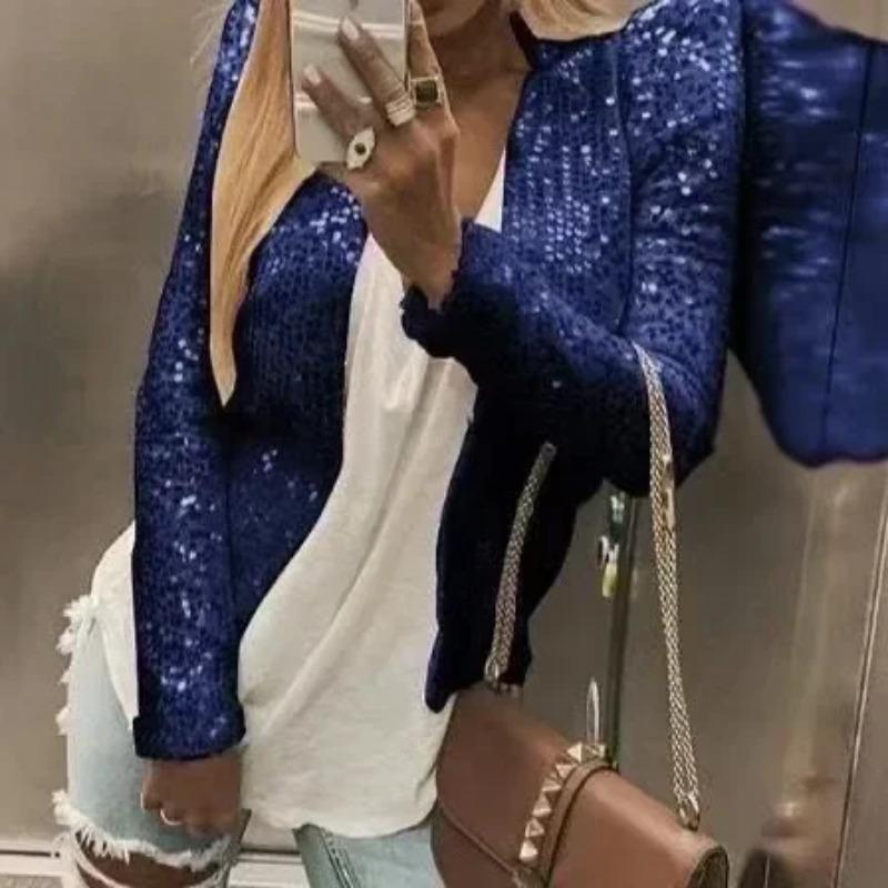 Fashion Standing Collar Sequin Coat Casual Zipper Long Sleeve Solid Color Coat Versatile Dance Nightclub Bar Jacket Women 30075