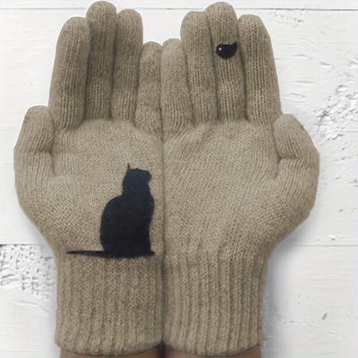 Nischen-Chic Katze Print Strickhandschuhe Kurz Verdickt Warm Fingerlose Handschuhe Herbst Winter Kältefest Winddicht Handschuhe