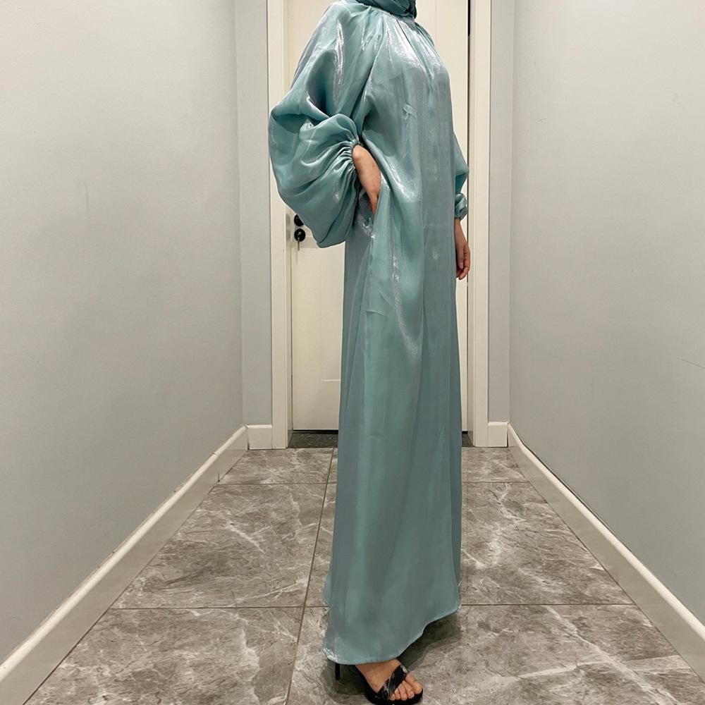 Damenkleidung, einfarbig, große Laternenärmel, helle Seide, lange Ärmel, Stehkragen, Rückenbindung, muslimisches Kleid, 6 Farben