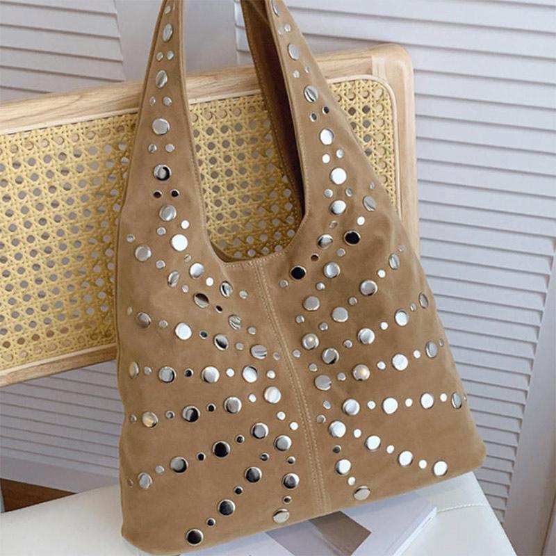 European American Fashion Tote Bags Stylish Shoulder Bags With Studs Dots New Suede Handbags Versatile Solid Color Commuter Bags