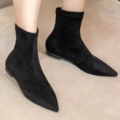 Fashion Luxury Women Black Flock Sock Flats Thin High Heels Elastic Knitting Boots Winter Fabric FlockAnkle Boots Boots Women