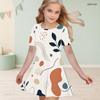 Girls Round Neck Short Sleeve Abstract Printed A Line Flared Dress