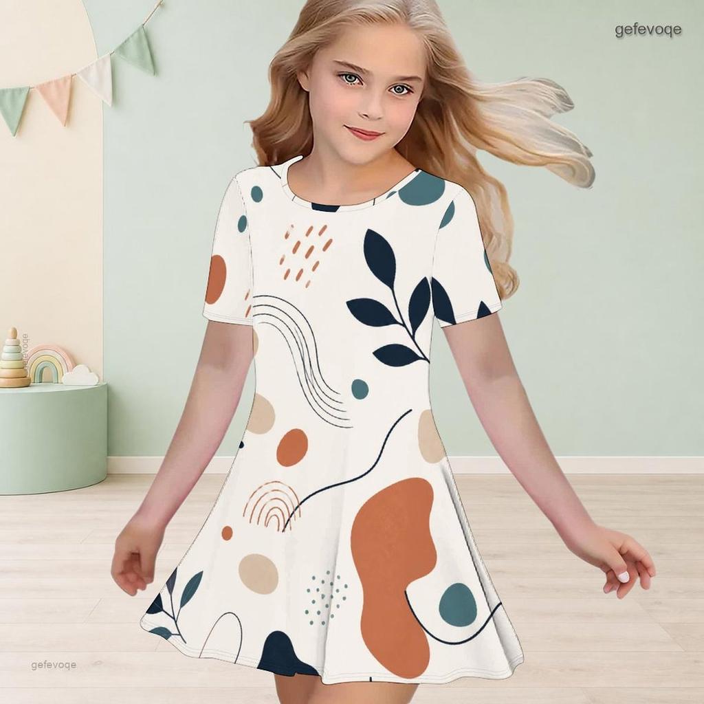 Girls Round Neck Short Sleeve Abstract Printed A Line Flared Dress