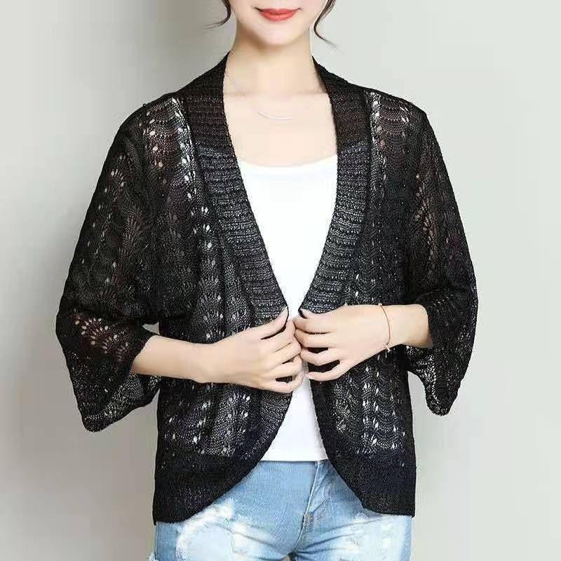 

Весенне-летняя ажурная шаль, солнцезащитный топ с длинным рукавом, женский вязаный кардиган, тонкая рубашка для кондиционированного воздуха, темпераментный элегантный вязаный кардиган average size 53-257 чёрный
