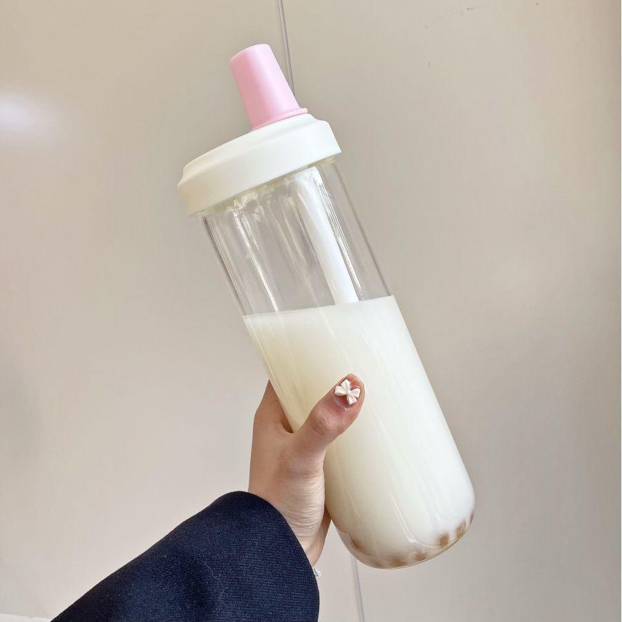 500/850ml Mignonne Bouteille d'Eau en Plastique avec Paille Thé au Lait Perlé avec Couvercle de Tasse Tasses à Café à Bulles Anti-chute Grande Capacité Boissons