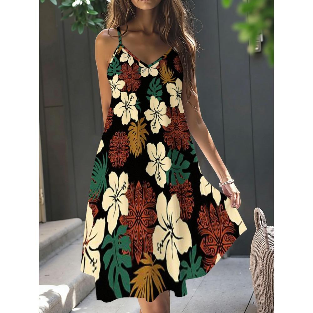 Damen Casual Boho-Stil, Sommer Tiefes V-Ausschnitt Spaghettiträger Midi-Kleid
