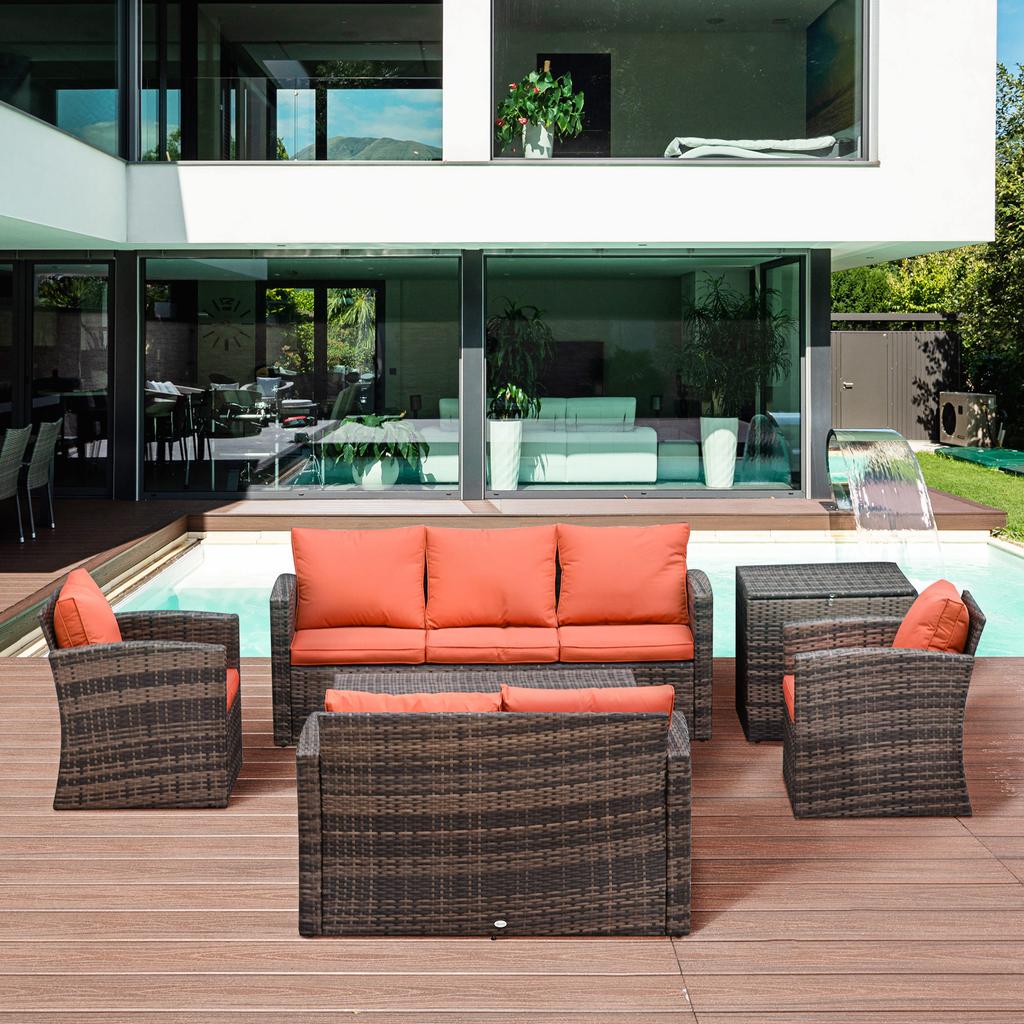 6 Pieces Rattan Garden Furniture Set, 7 Seater Wicker Outdoor Furniture Set with Storage Tea Table & Side Table