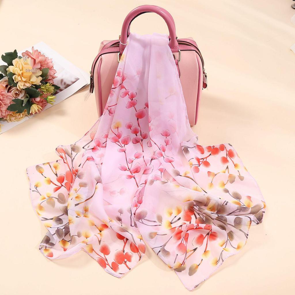 Chiffon Lotus Print Long Scarf - Lightweight, Thin Spring/Autumn Silk Accessory for Middle-Aged & Elderly