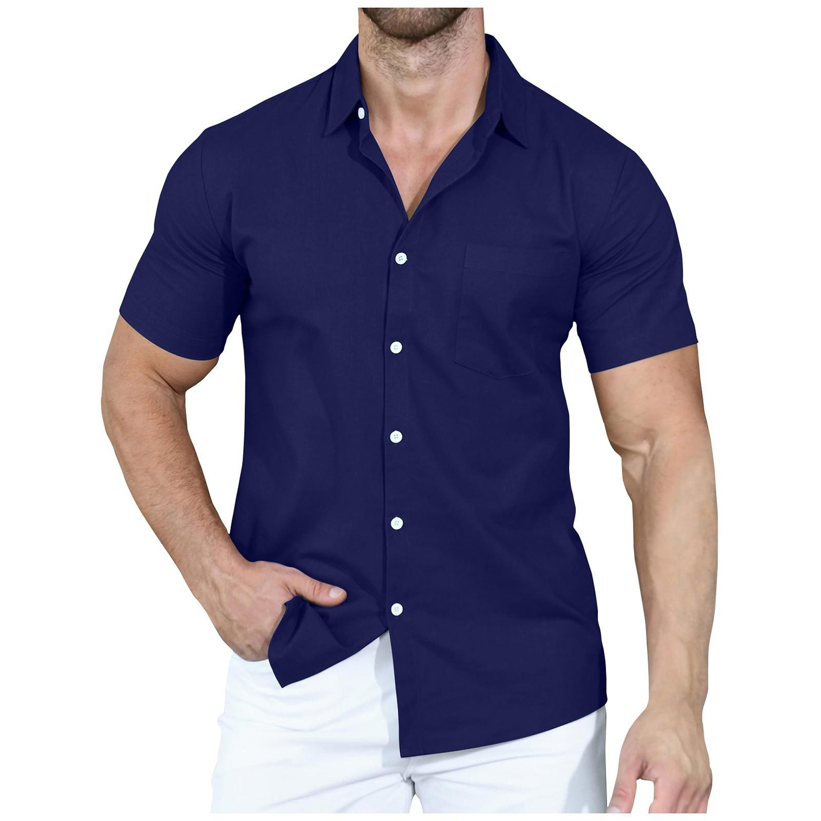 

Мужская повседневная однобортная однобортная рубашка с короткими рукавами и однотонным воротником M тёмно-синий