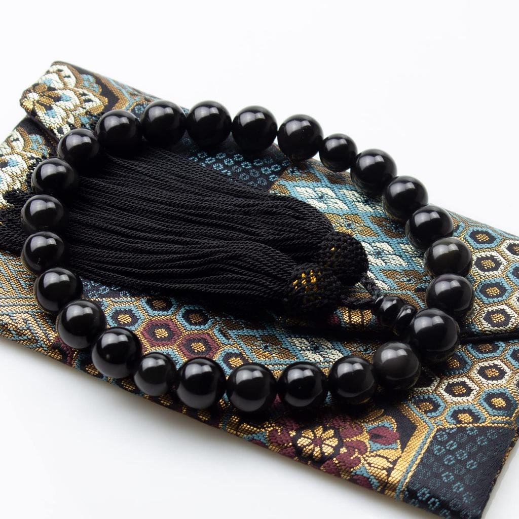 Eizen Nenjuya Men's Onyx Prayer Beads with Silk Tassel, 22 Beads, Nishijin Brocade, and Gold Brocade Bag, Perfect for Funerals, Wakes, and Informal