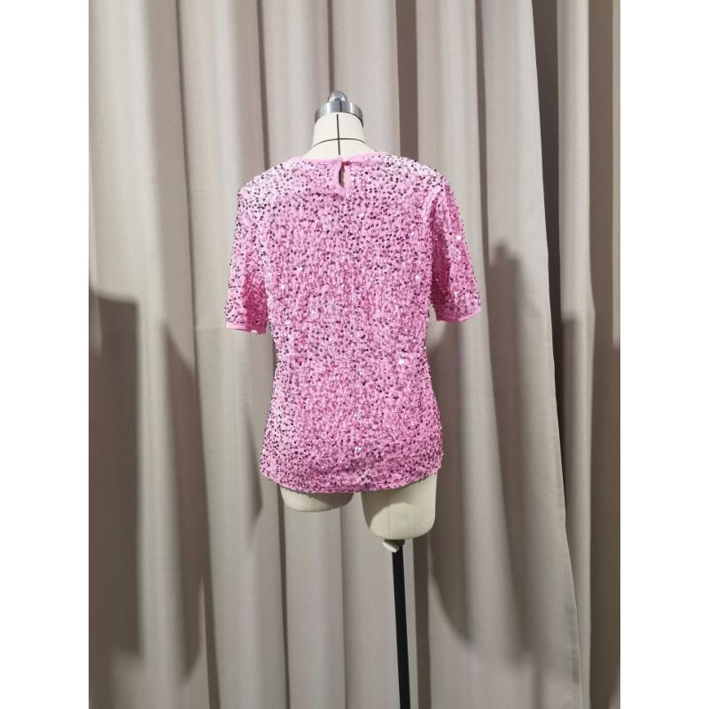 Top da Donna Rosa con Paillettes a Manica Corta Girocollo Casual da Festa Vestibilità Larga Camicetta Maglietta