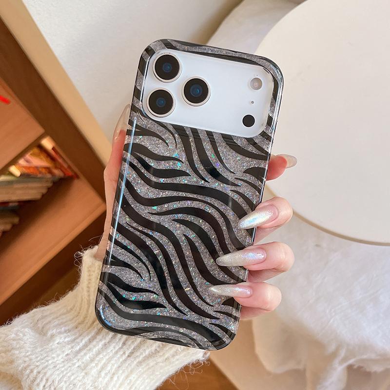 Bling Glitter Zebra Stripes Print Shiny IMD Back Cover For iPhone 13 14 15 16 17 Pro Max Phone Case