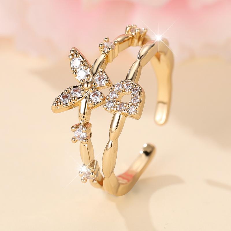 

Двухслойные циркониевые бабочки 26 букв открытые кольца для женщин золотого цвета регулируемое кольцо палец ювелирные изделия свадебный подарок D