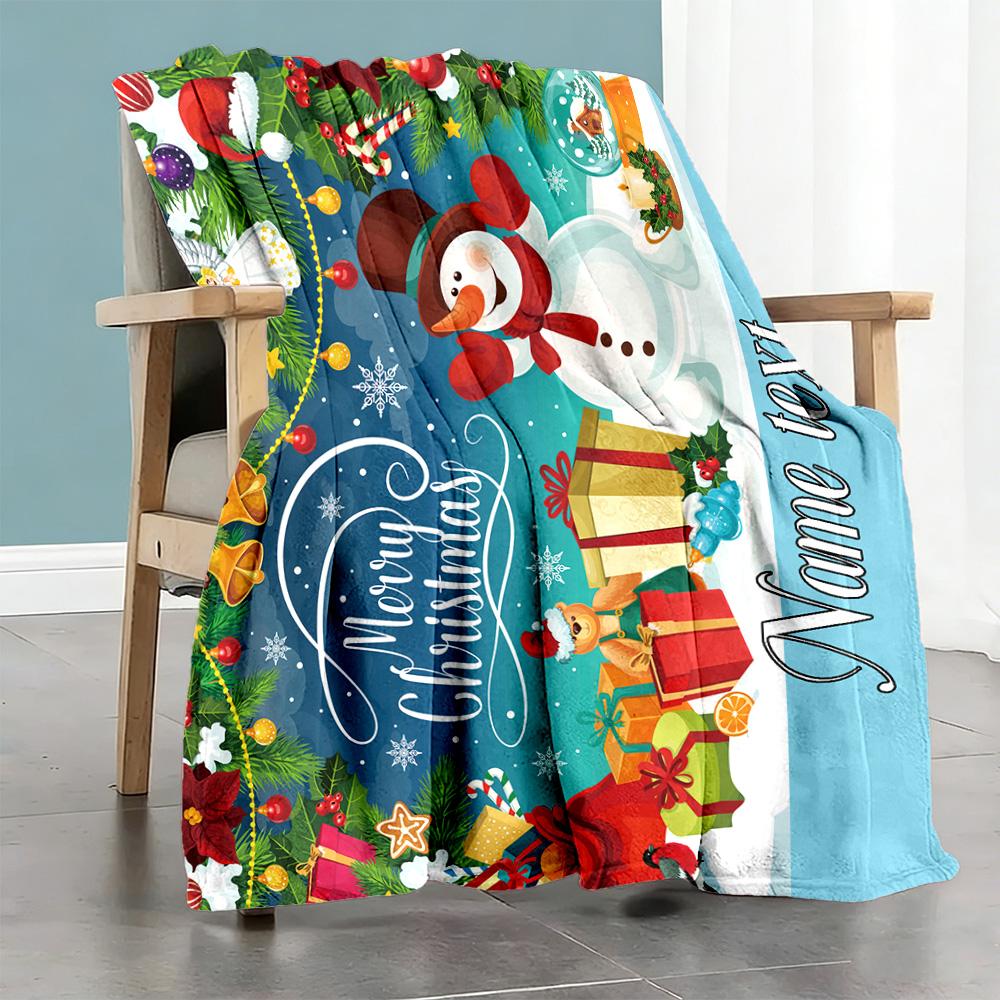 Merry Christmas Snowman Customize Your Name Blanket Lightweight Personalized Blanket Soft Warm Cozy Great for Nap Bedding Seaside Chair All-Season Use