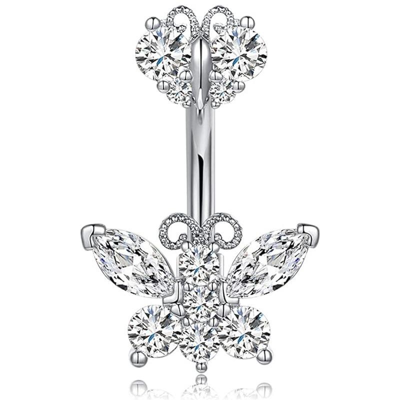 Heart-shaped Round Piercing Jewelry Navel Ring, Copper Inlaid Zircon Stainless Steel Navel Nail