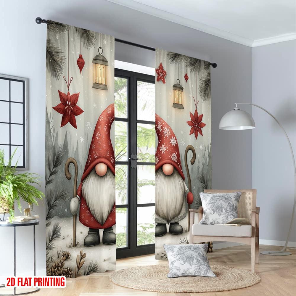 2pcs 2D flat printing Fashionable Christmas Curtains Christmas Gnomes Winter Wonderland Lanterns Digital Printed Polyester