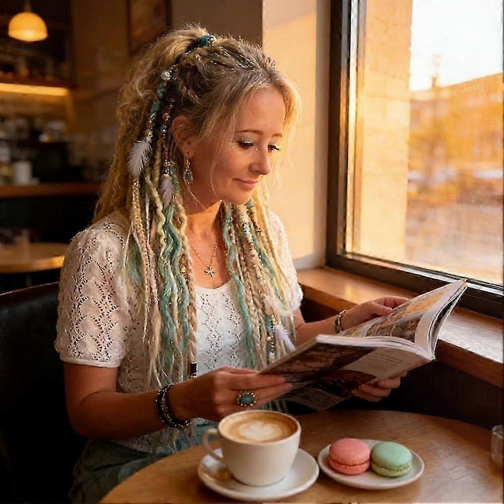 Boho Gevlochten Paardenstaartverlenging, 22" Elastisch Dreadlock Haar met Kralen, Reis- en Casual Stijlen, Haarelastiek Meegeleverd