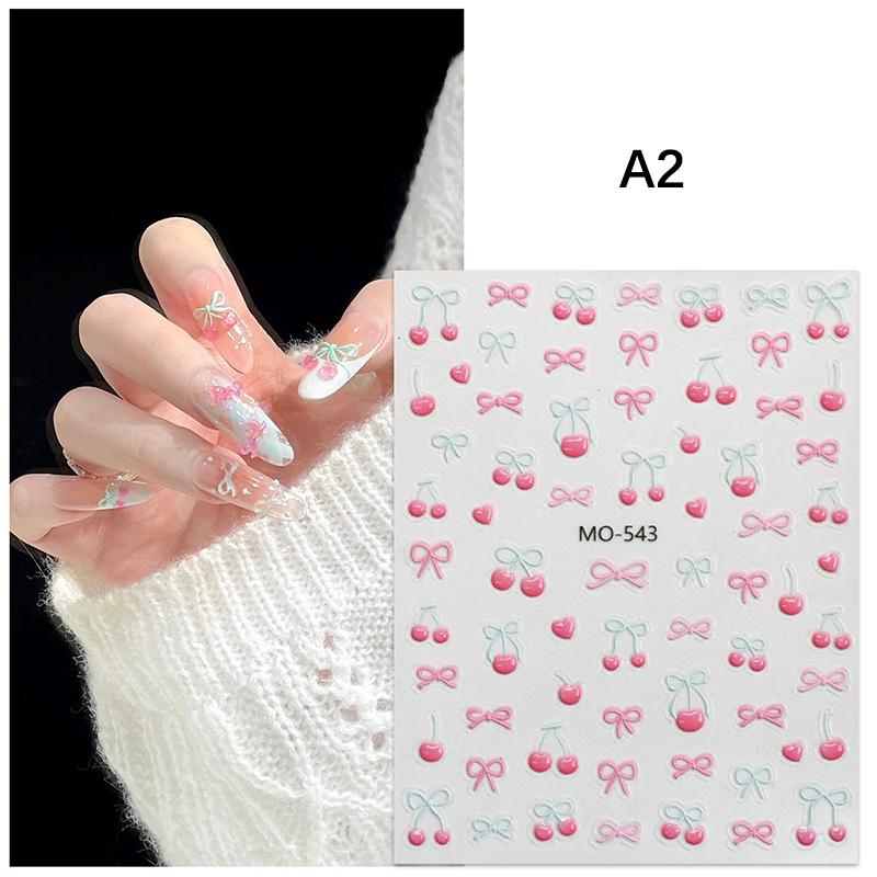 

1 лист кавайных наклеек для ногтей с вишневыми бантиками, 5D, милый фруктовый дизайн, самоклеящиеся декоративные наклейки, наклейки для нейл-арта A2